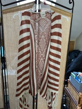 Daytrip Cream and Brown Striped Open-Front Fringe Cardigan Vest